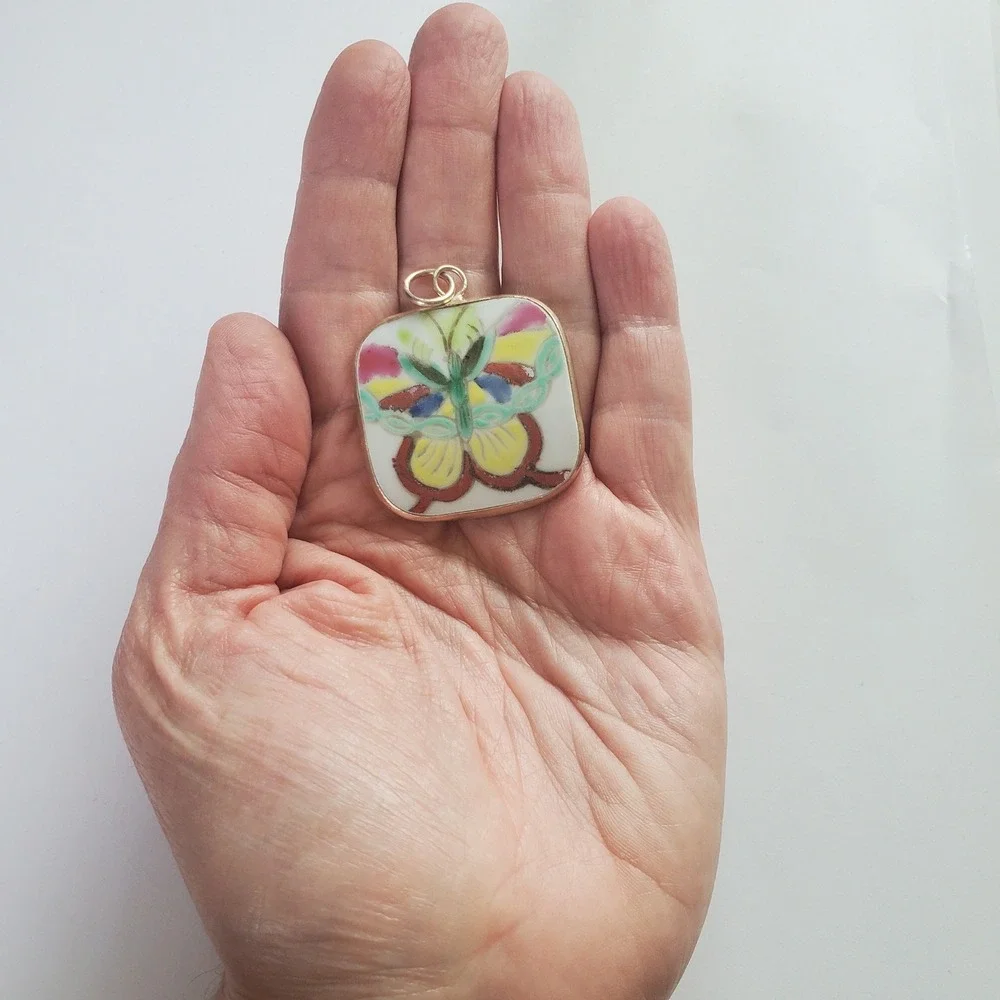 Vintage Hand Painted Porcelain Butterfly Pendant Square Silver Tone Charm Focal